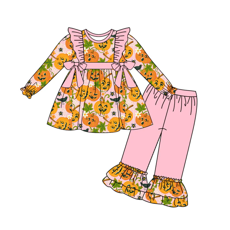 7.9Preorder (moq 5)Baby Girls Long Sleeves Pumpkins Bows Tunic Ruffle Pant Clothes Set