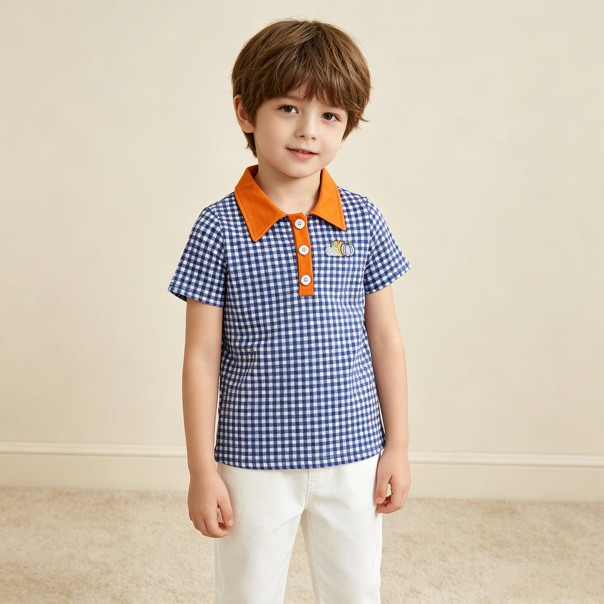 NEW RTS NO MOQ milk silk BT1892 Embroidery Pumpkins Baby Boys Hot Blue Checked Fall Button Polo Shirts Top