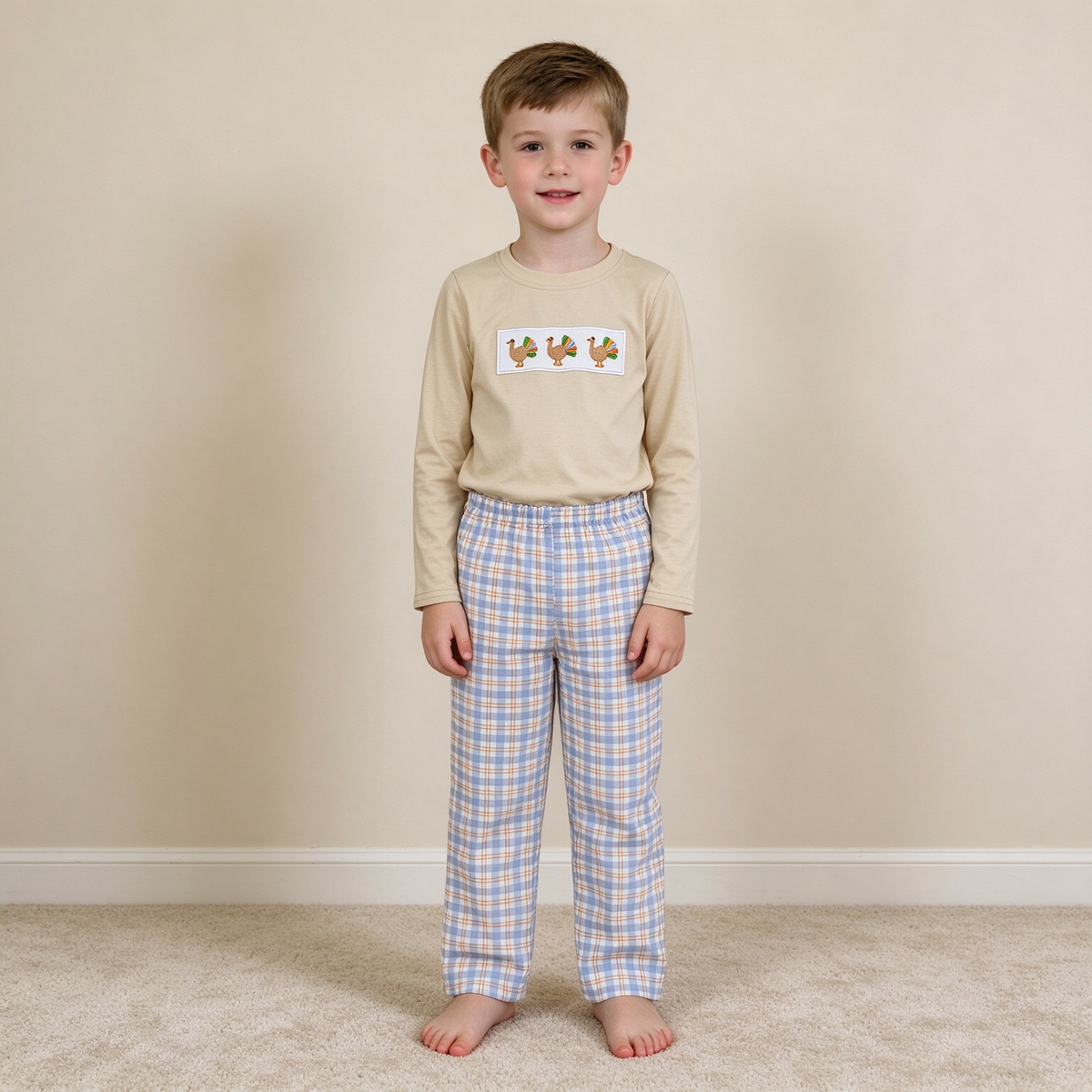 NEW RTS NO MOQ milk silk BLP1495 Embroidery Turkey Baby Boys Checked Pant Thanksgiving Clothes Sets