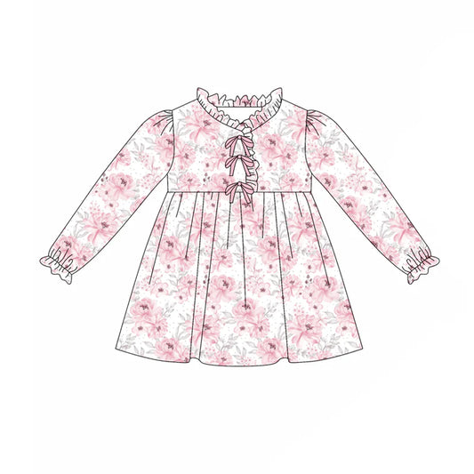 7.31Preorder(moq 5) Baby Girls Long Ruffle Sleeves Pink Flowers Knee Length Dresses