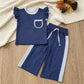 NEW RTS NO MOQ milk silk GSPO2372 Baby Girls White Blue Polka Dots Pocket Top Flare Pant Clothes Set