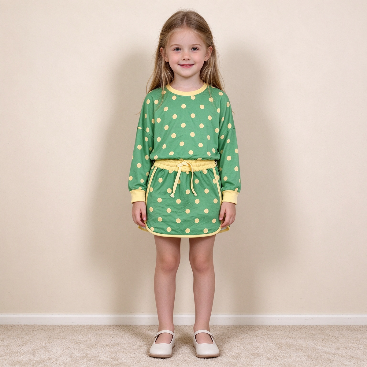 NEW RTS NO MOQ milk silk GLD1764 Baby Girls Green Polka Dots Long Sleeve Top Skirt Short Clothes Set