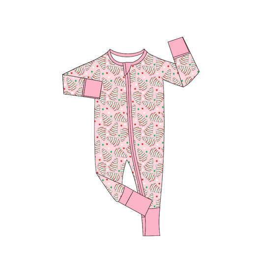X902Preorder(moq 5)Baby Girls Christmas Pink Trees Cakes Trees Zipper Footie Rompers