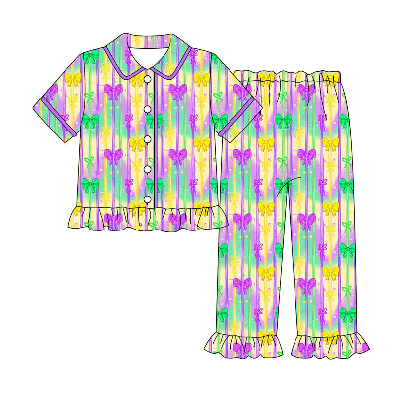 X919Preorder (moq 5)Baby Girls Bows Stripe Button Top Ruffle Pants Mardigras Pajamas Sets