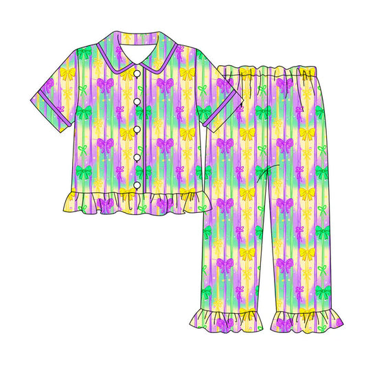 X919Preorder (moq 5)Baby Girls Bows Stripe Button Top Ruffle Pants Mardigras Pajamas Sets