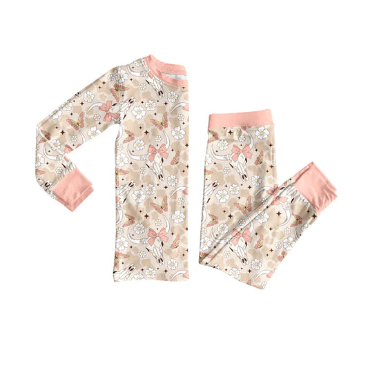 8.2Preorder (moq 5)Baby Girls Peach Camo Bull Skull Flowers Top Pant Pajamas Set