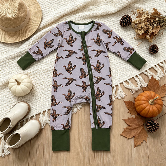 NEW RTS NO MOQ milk silk LR3233 Baby Boys Camo Ducks Hunting Two Way Zip Convertible Romper