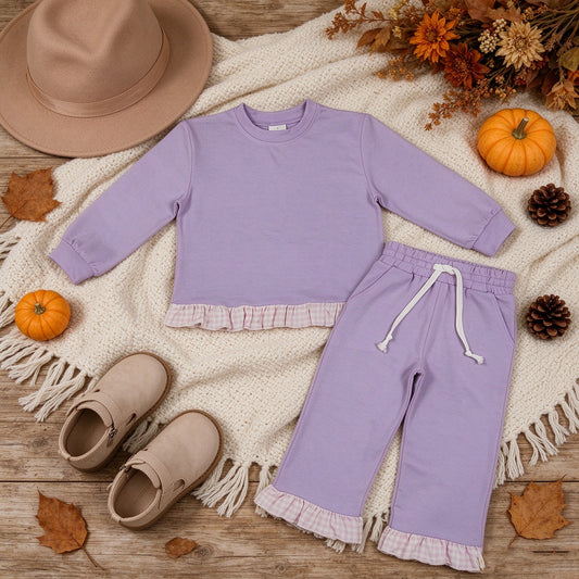 NEW RTS NO MOQ milk silk GLP3755 Baby Girls Lavender Long Sleeve Top Ruffle Pant Fall Clothes Set