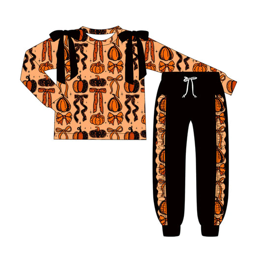 7.9Preorder (moq 5)Baby Girls Long Sleeves Bows Pumpkins Top Pockets Pant Clothes Set