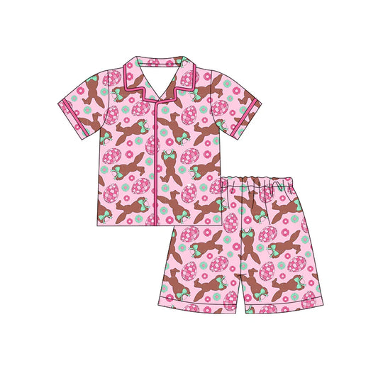X12.18Preorder (moq 5)Baby Girls Rabbits Eggs Flowers Button Top Shorts Easter Pajamas Sets