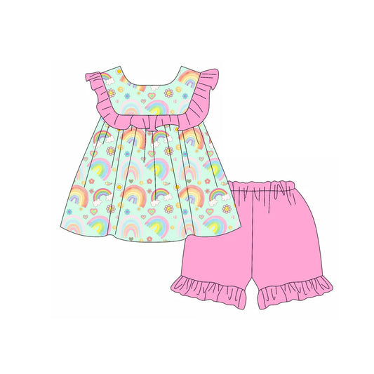X1.13 Preorder (moq 5)Baby Girls Rainbow Flower Hearts Tunic Ruffle Shorts Valentines Clothes Sets