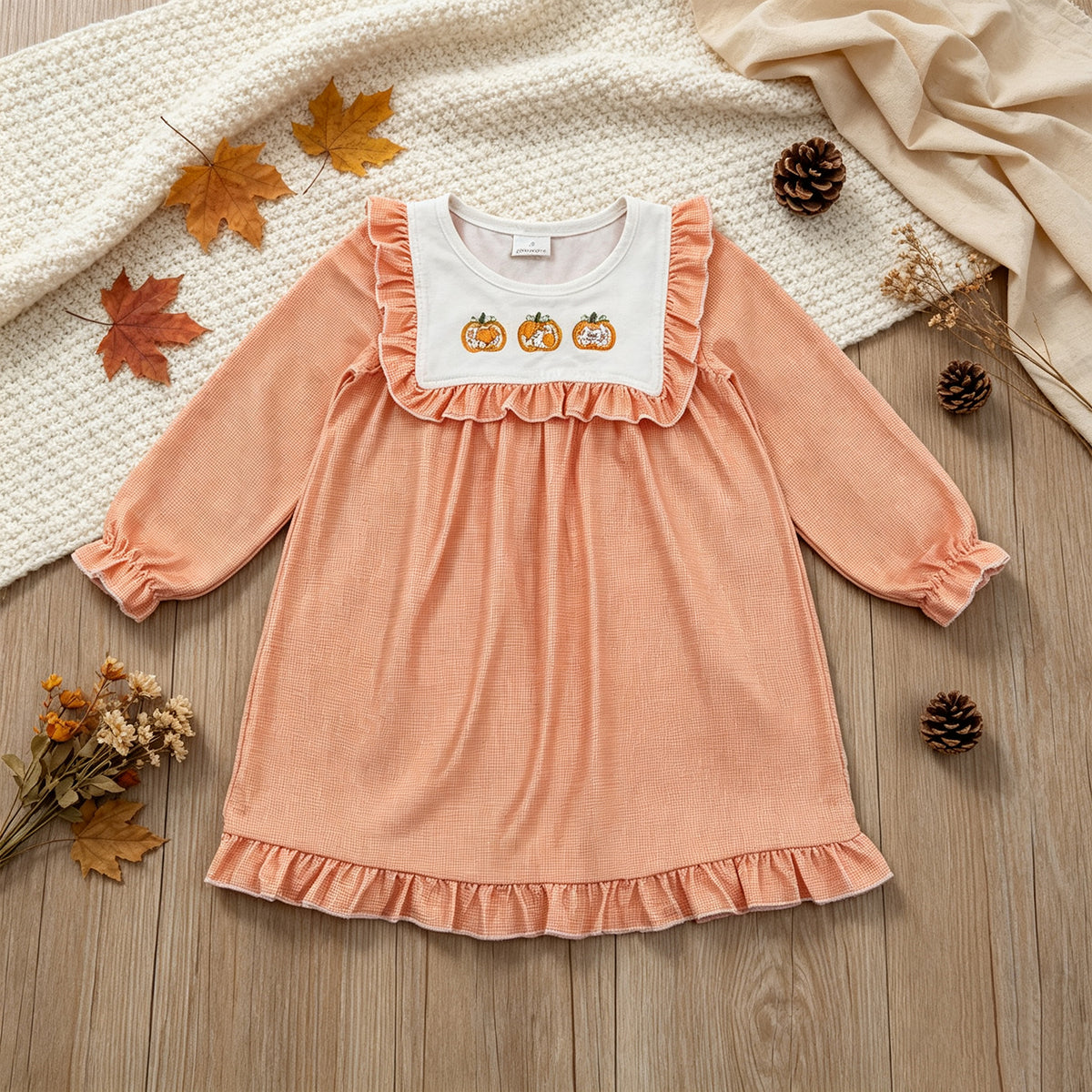 NEW RTS NO MOQ milk silk GLD1645 Embroidery Pumpkins Baby Girls Fall Ruffle Knee Length Dresses