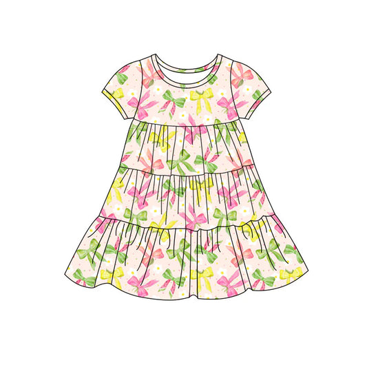 X11.20Preorder(moq 5) Baby Girls Colorful Bows Patchwork Ruffle Knee Length Dresses