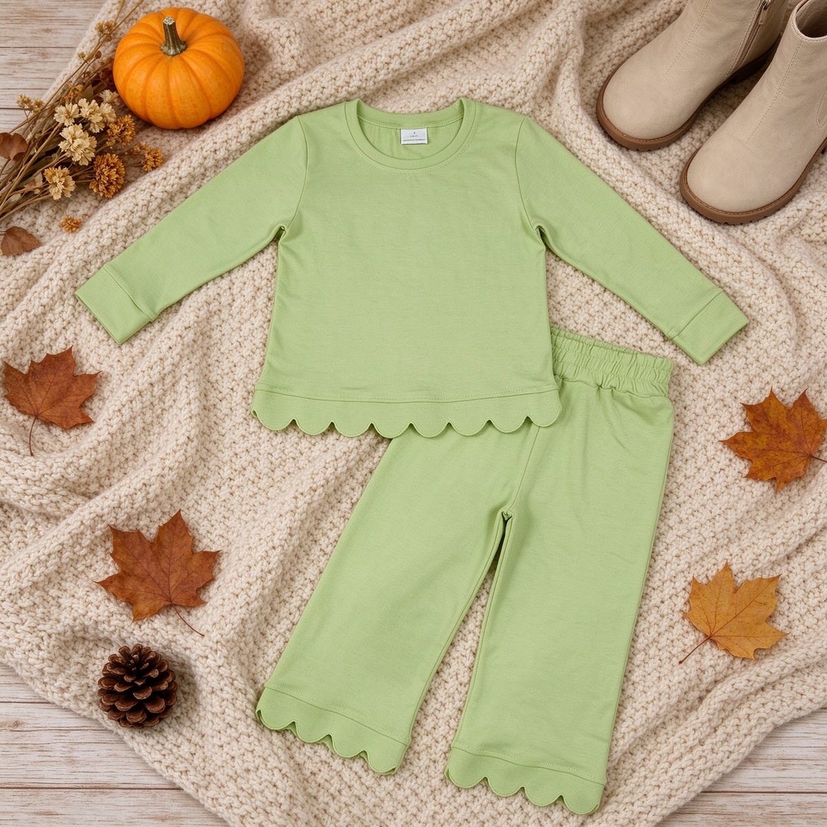 NEW RTS NO MOQ cotton GLP3296 Baby Girls Green Long Sleeve Top Pockets Pant Scallop Clothes Sets