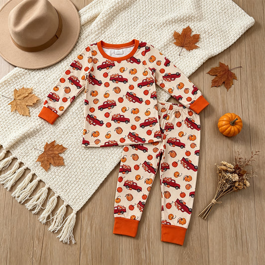 NEW RTS NO MOQ milk silk BLP1541 Baby Boys Pumpkins Trucks Top Pant Fall Pajamas Sets