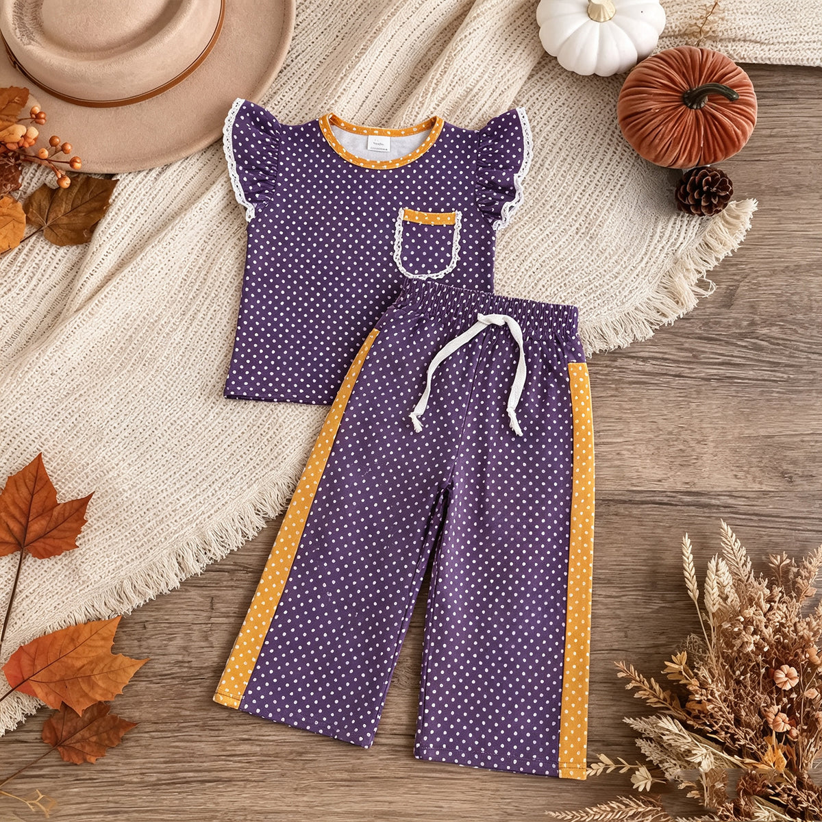 NEW RTS NO MOQ milk silk GSPO2366 Baby Girls Orange Purple Polka Dots Pocket Top Flare Pant Clothes Set