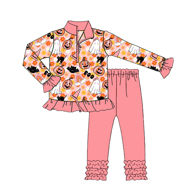 8.1preorder(moq 5) Baby Girls Long Sleeves Flowers Ghost Pumpkins Zipper Top Legging Pants Set
