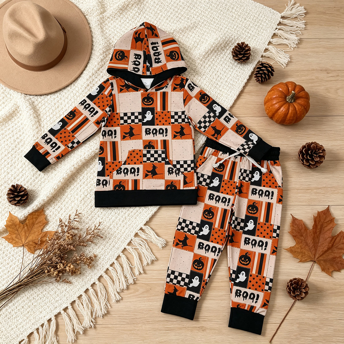 NEW RTS NO MOQ milk silk BLP1544 Baby Boys Ghost Pumpkins Hoodie Pockets Jogger Halloween Clothes Set
