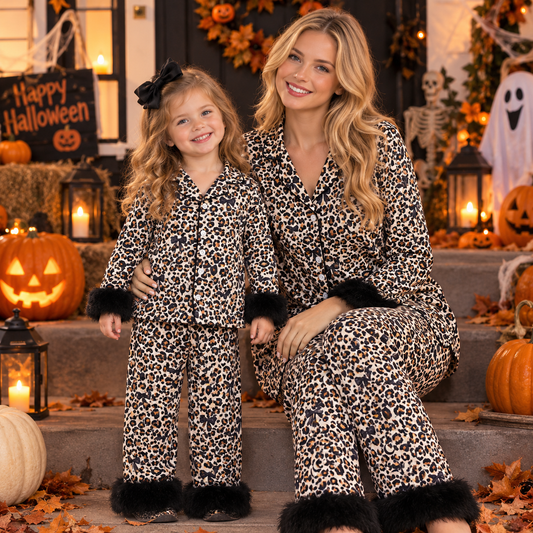 RTS NO MOQ milk silk Sibling Adult To Match Kids Leopard Bow Moon Print Pajama Set With Black Fur Trim Long Sleeve Button Top And Pants