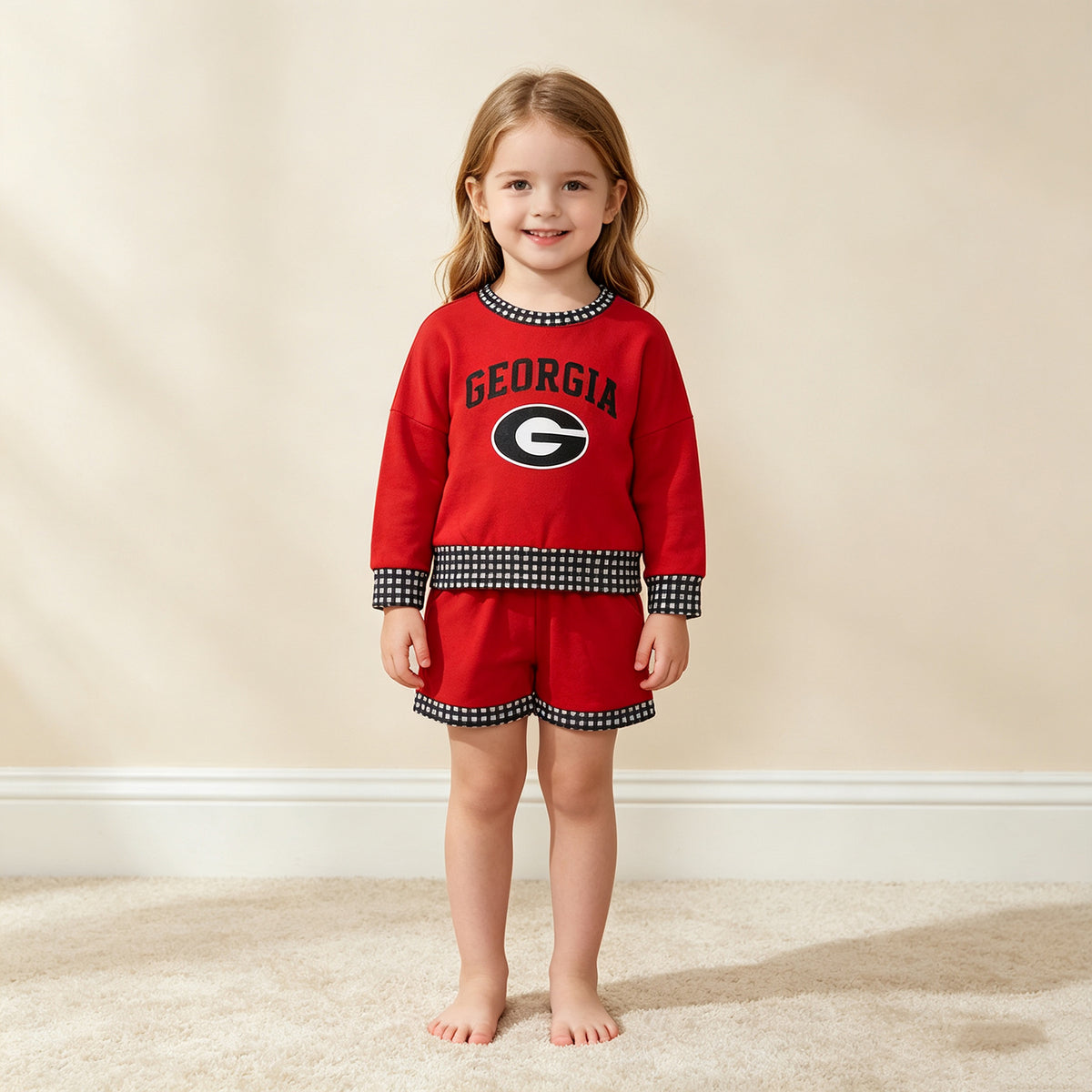 NEW RTS NO MOQ Vinyl GLS0168 Baby Girls Vinyl Georgia Long Sleeve Top Pockets Short Team Clothes Set