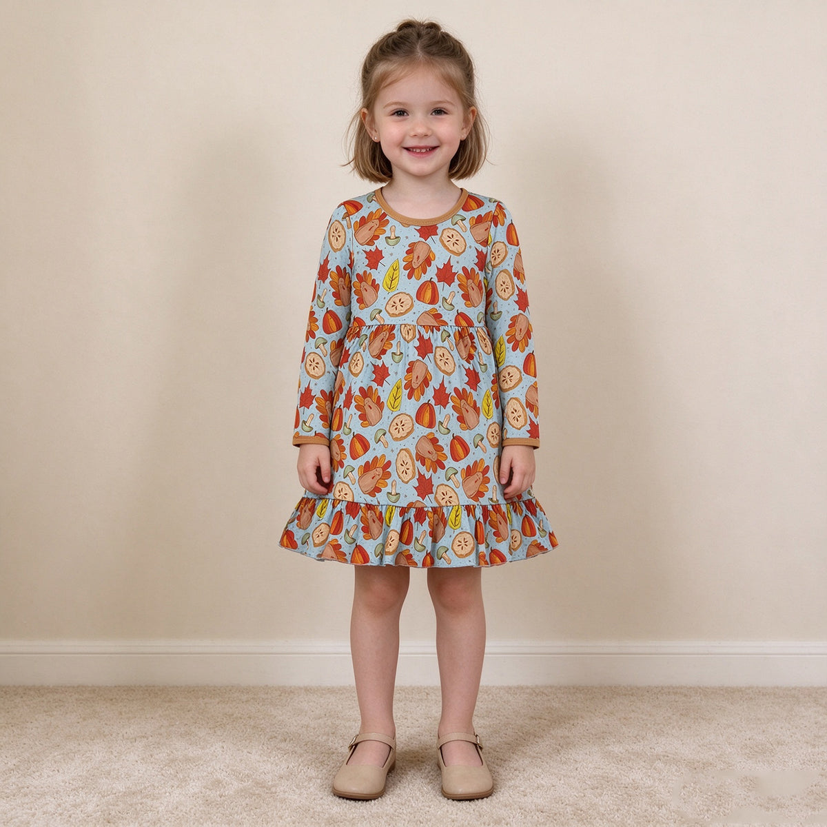 NEW RTS NO MOQ milk silk GLD1692 Baby Girls Pumpkins Turkey Thanksgivings Ruffle Knee Length Dress