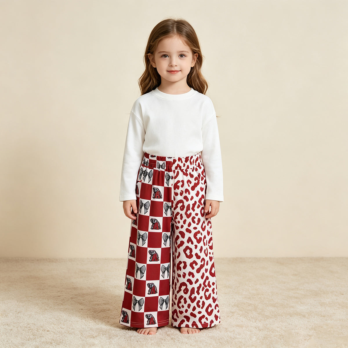 NEW RTS NO MOQ milk silk P1123 Baby Girls Bows Alabama Leopard Team Pockets Flare Pants Bottom