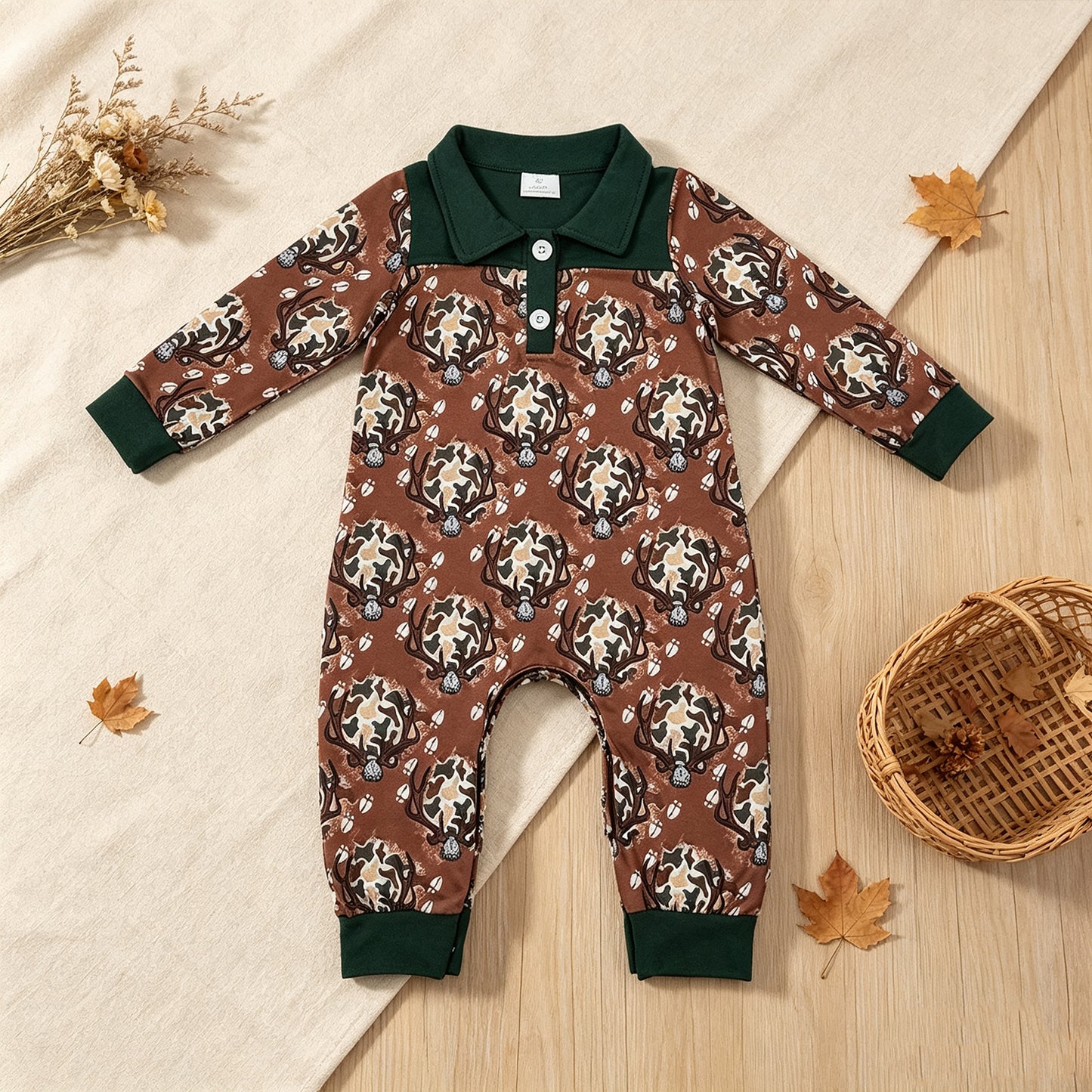 NEW RTS NO MOQ milk silk LR3013 Baby Boys Long Sleeve Camo Deer Button Hunting Pant Rompers