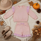 NEW RTS NO MOQ milk silk GLS0222（GT1849+SS0996）Baby Girls Light Pink Stripe Flutter Sleeve Top Pockets Ruffle Short Clothes Set