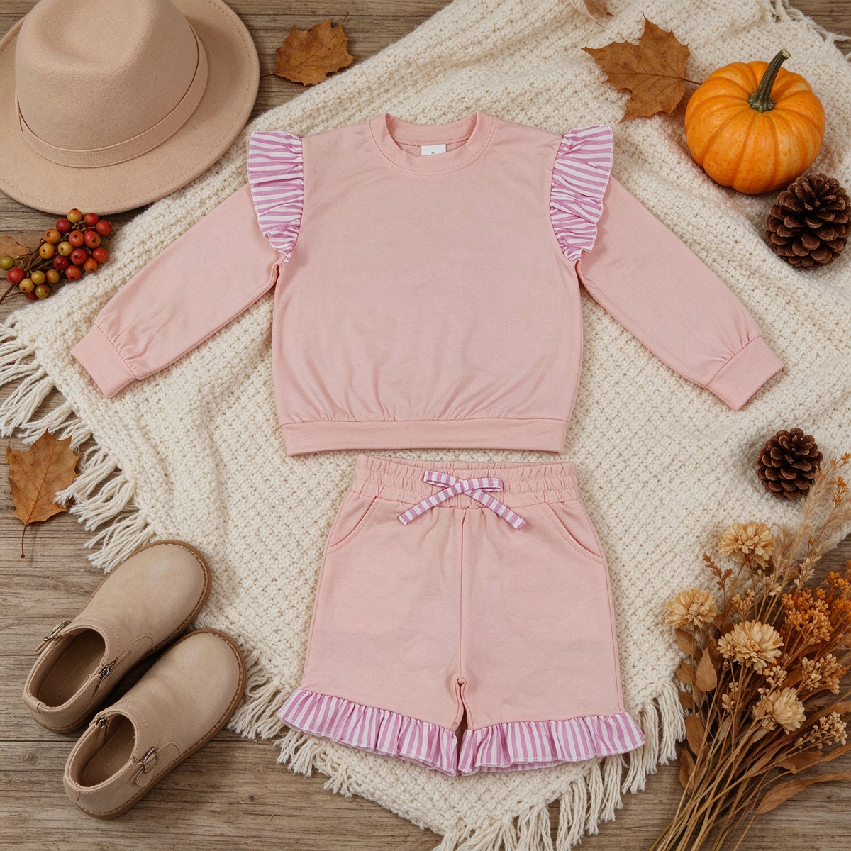 NEW RTS NO MOQ milk silk GLS0222（GT1849+SS0996）Baby Girls Light Pink Stripe Flutter Sleeve Top Pockets Ruffle Short Clothes Set