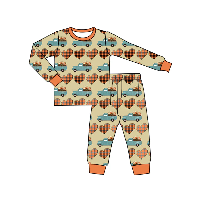 7.9Preorder (moq 5)Baby Boys Long Sleeves Plaid Hearts Truck Pumpkins Top Pant Pajamas Set