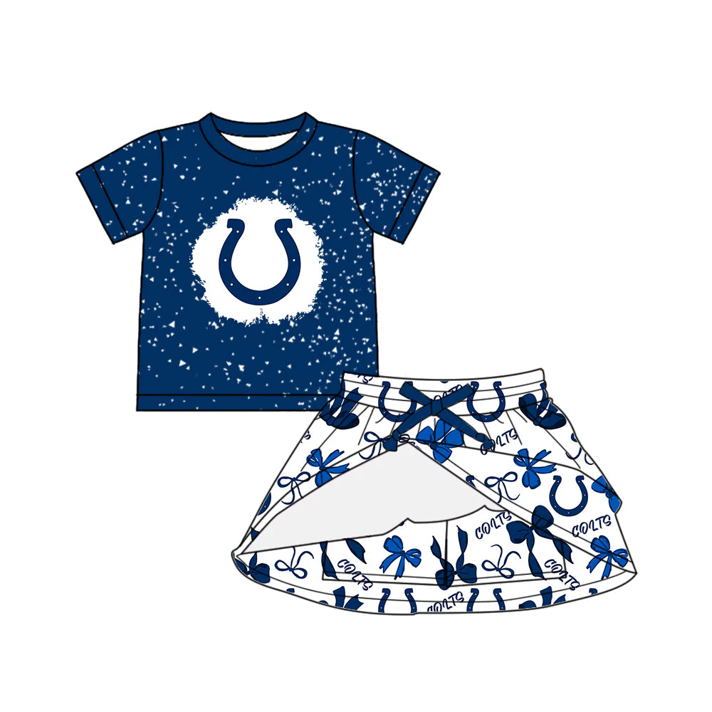 7.1Preorder (moq 5)Baby Girls Blue Short Sleeves Colts Top Bows Plaid Skorts Team Set