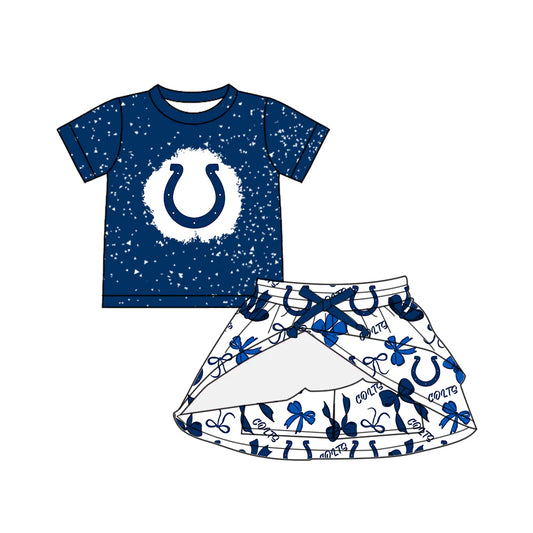 7.1Preorder (moq 5)Baby Girls Blue Short Sleeves Colts Top Bows Plaid Skorts Team Set