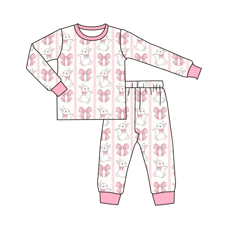 X11.17 Preorder(moq 5) Baby Girls Pink Bows Rabbits Stripe Top Pants Easter Pajamas Sets