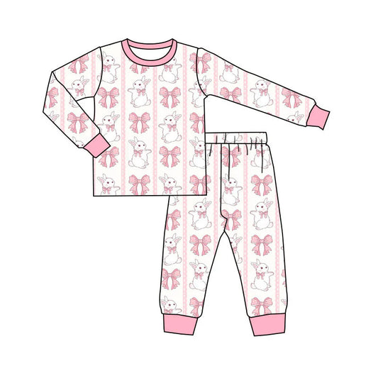 X11.17 Preorder(moq 5) Baby Girls Pink Bows Rabbits Stripe Top Pants Easter Pajamas Sets