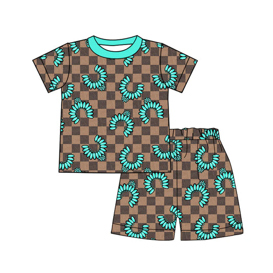 X919Preorder (moq 5)Baby Boys Khaki Checked Turquoises Top Shorts Western Pajamas Sets