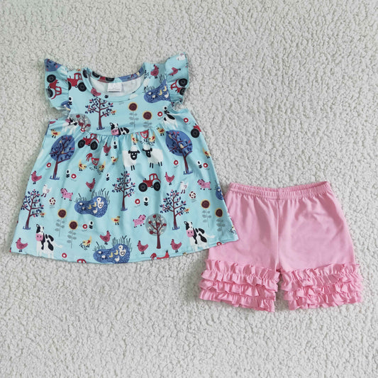 farm t-shirt & pink shorts girls outfits