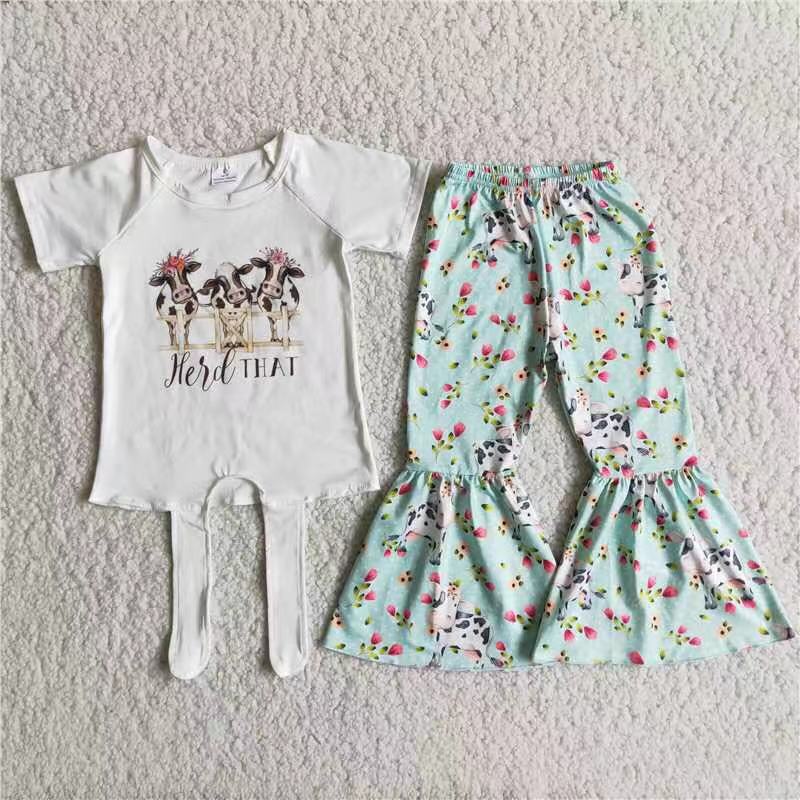 cow t-shirt & floral bell girls outfits