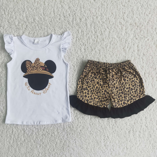 Mickey White Short Sleeve Leopard Print Shorts Set