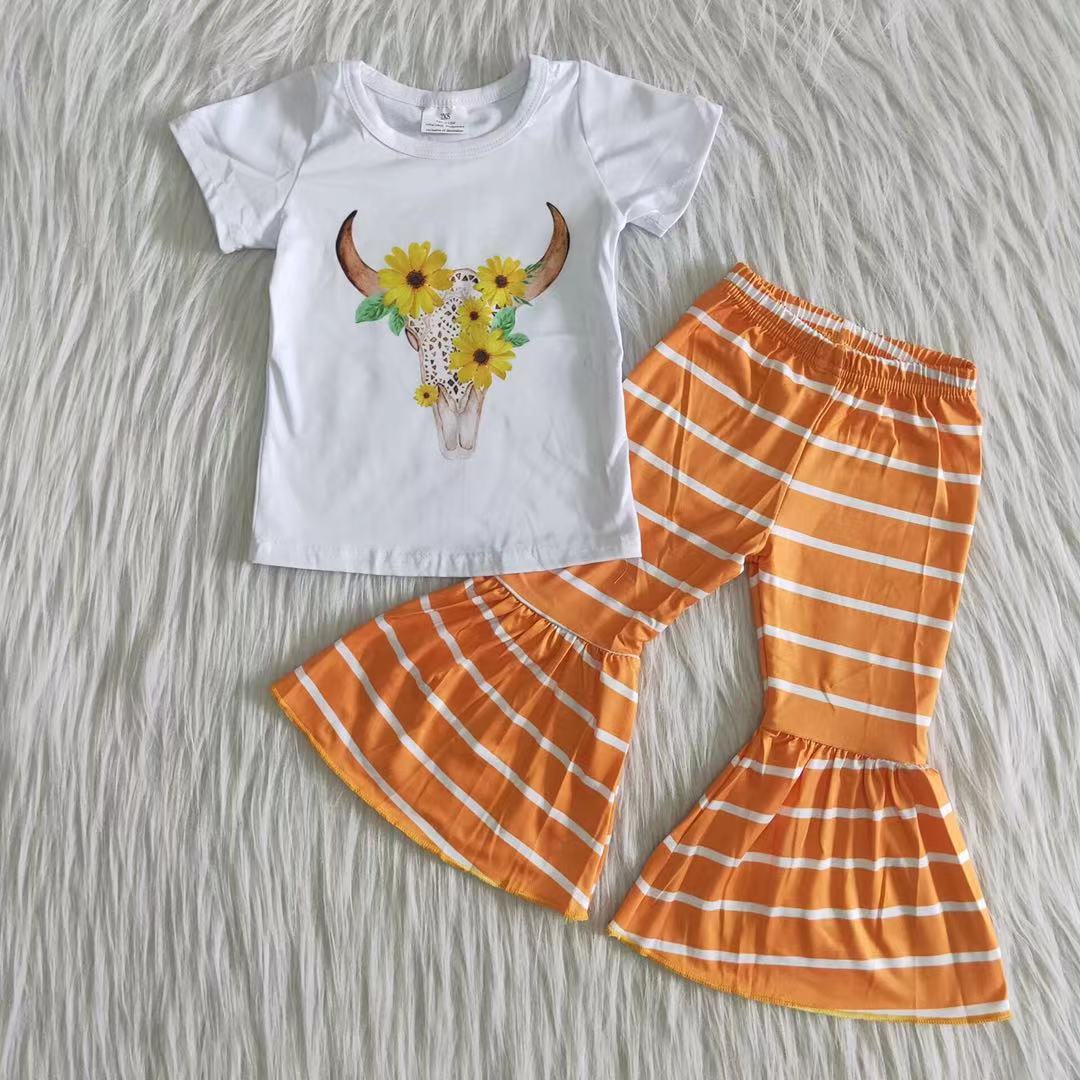 cow t-shirt & orange stripes bell girls outfits