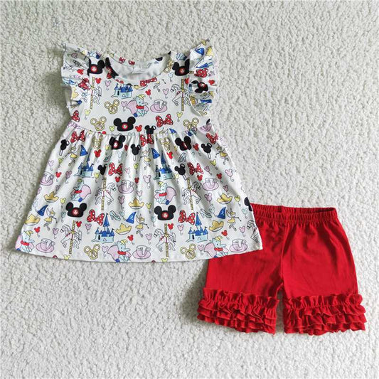 cartoon mouse t-shirt & red shorts girls outfits