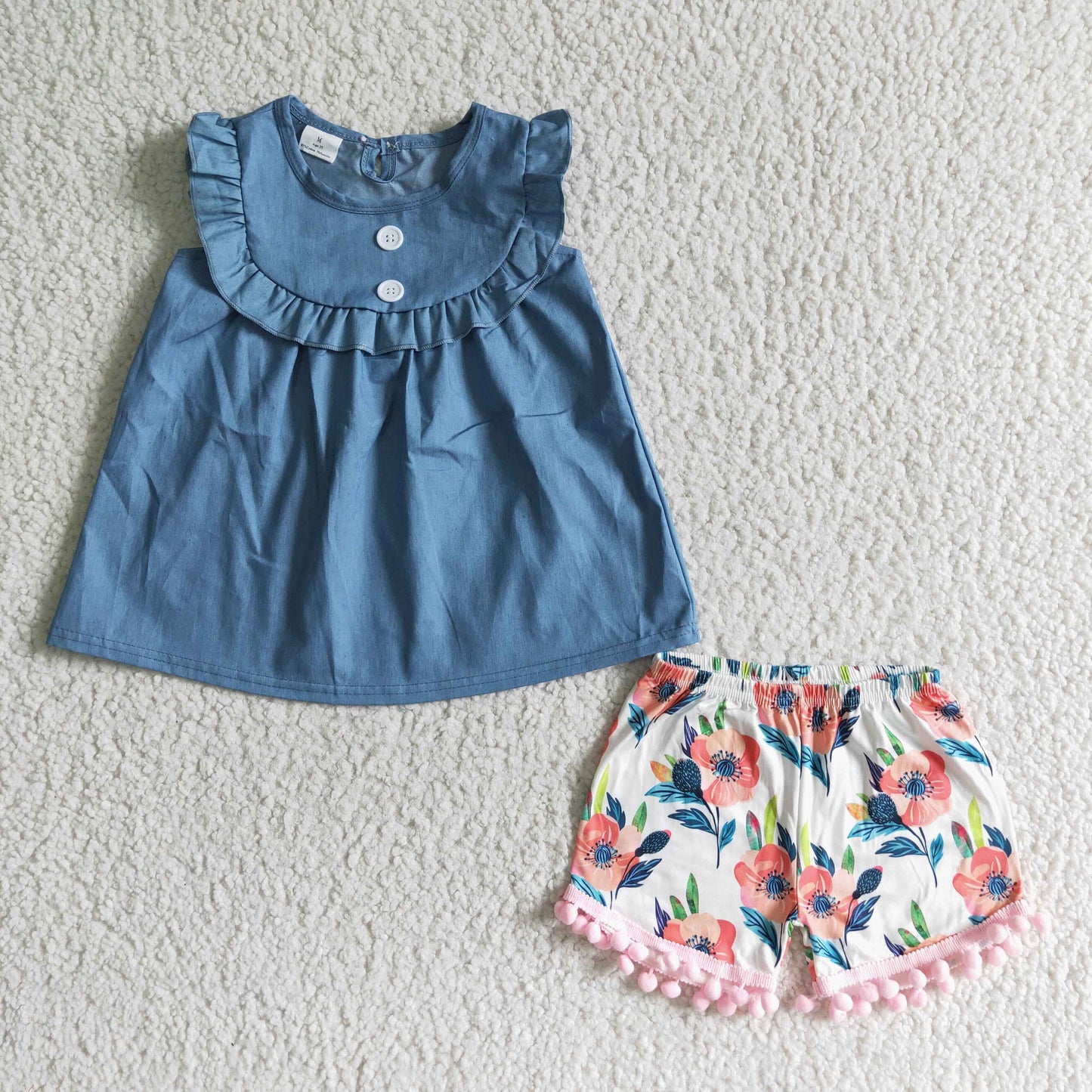 denim t-shirt & floral shorts girls outfits