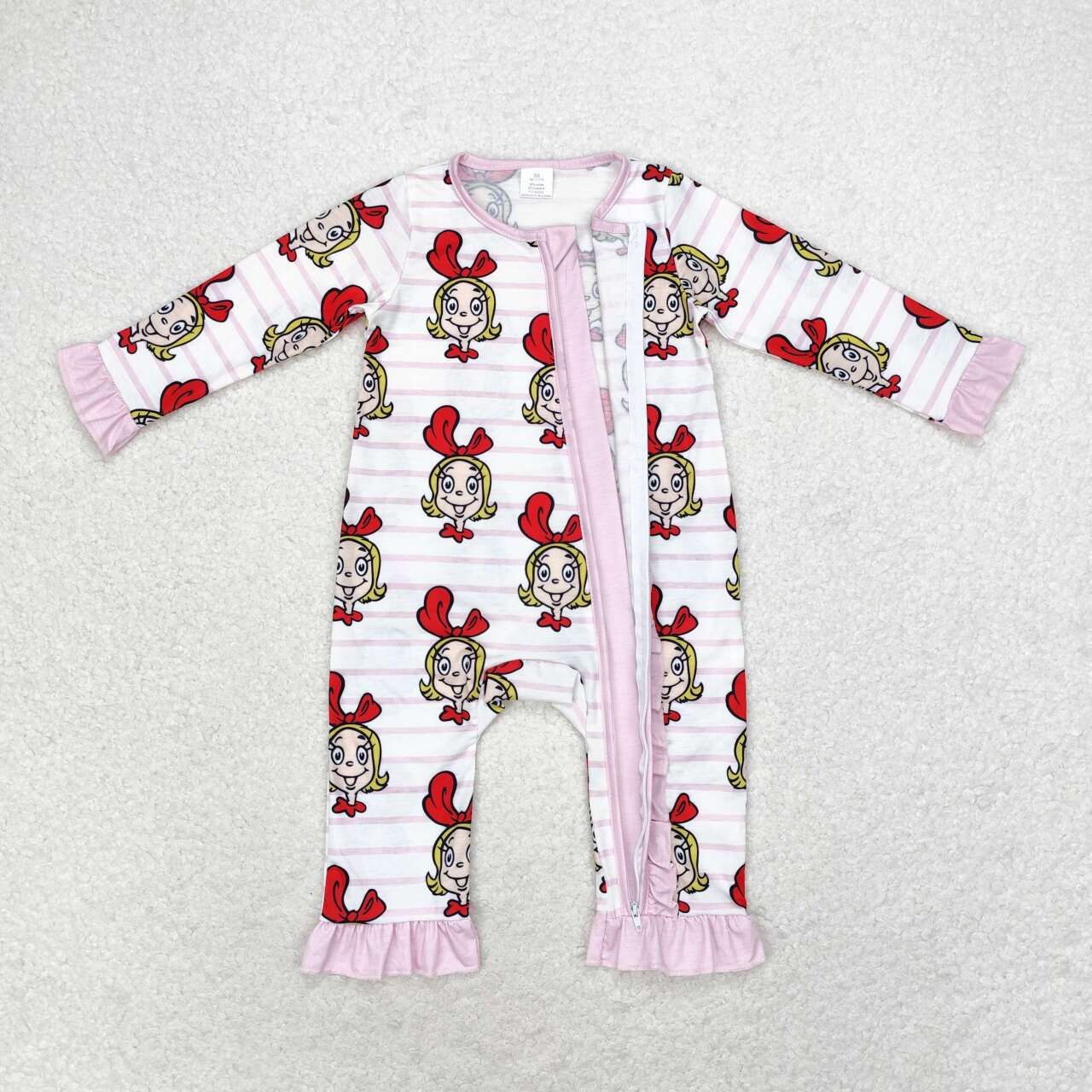 LR1001 grinch modal girls pink striped lace zipper long sleeve jumpsuit