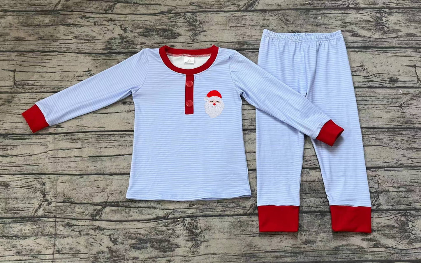 BLP0677 Embroidered Boys Santa Blue Striped Long Sleeve Pants Pajama Set