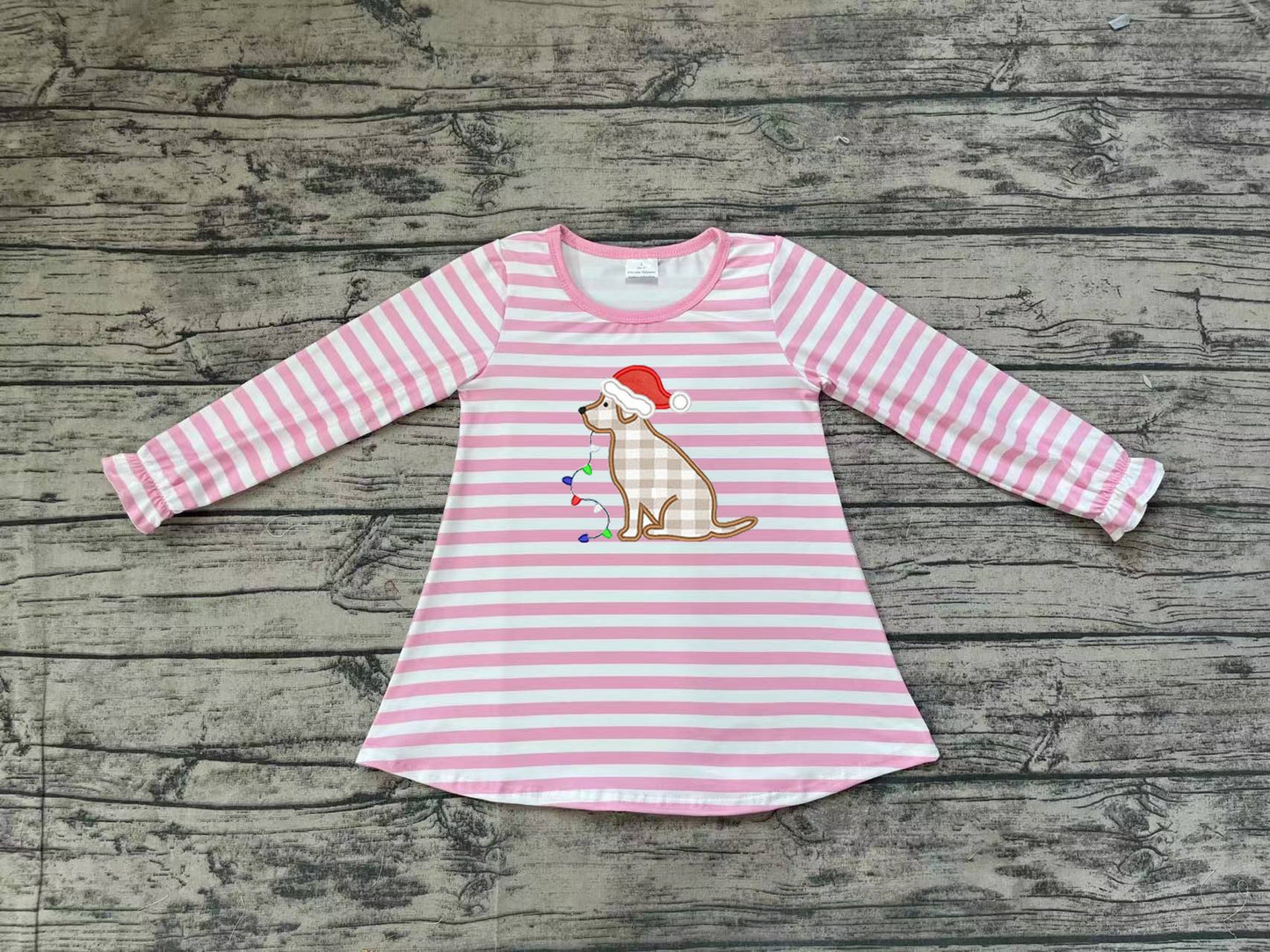 GT0659 Embroidered Girls Christmas hat puppy lantern striped pink and white long-sleeved top