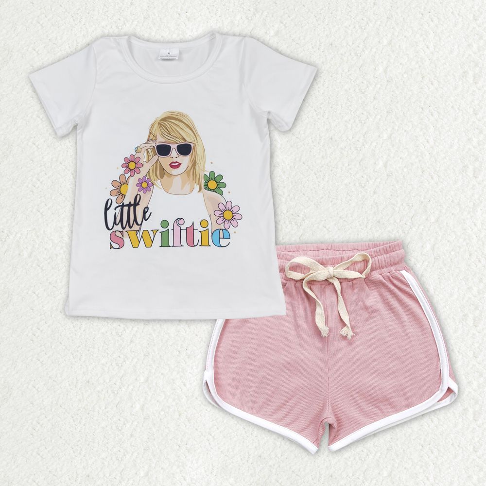 GT0491+SS0292 little swiftie floral short-sleeved light pink shorts suit