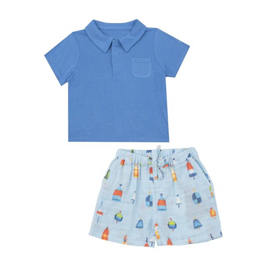 BSSO0861 Blue Pocket Short Sleeve Shorts Suit