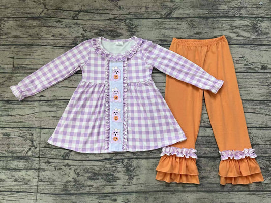 GLP1434 Embroidered Ghost Pumpkin Purple Plaid Lace Long Sleeve Orange Pants Suit