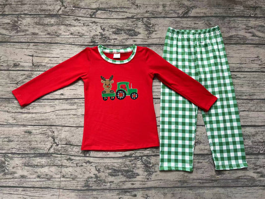 BLP0611 Embroidered Christmas Reindeer Truck Red Long Sleeve Green Plaid Pants Suit