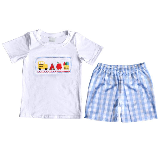 BSSO0854 School Bus Apple Blue Plaid Shorts Suit