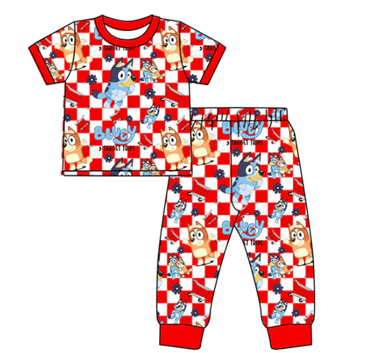 GSPO1355bluey red and white plaid short-sleeved trousers suit